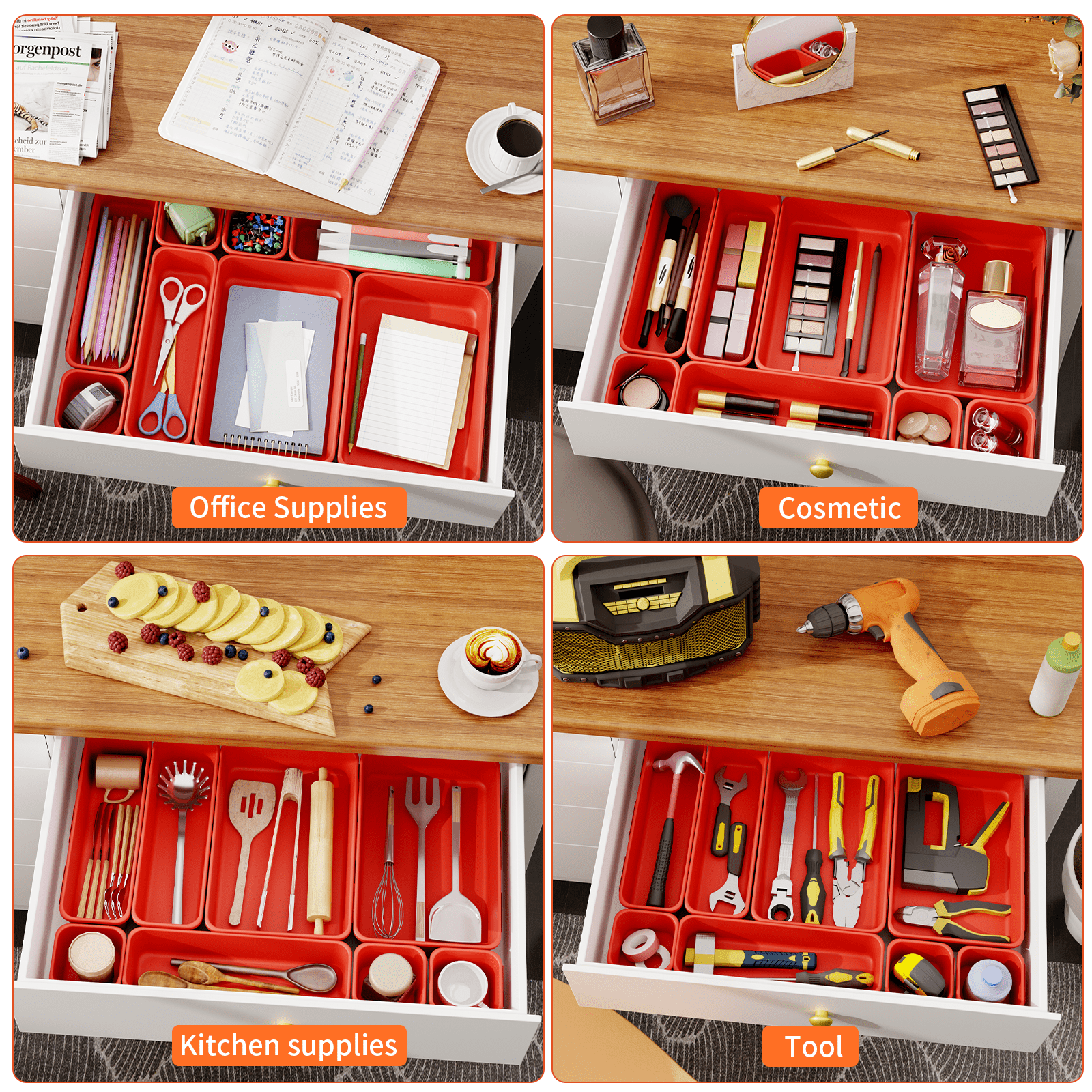 HAIDAIYA 45 Pack Plastic Drawer Organizer Trays, 3-Sizes Vanity and Desk Storage Bins, tool box Organizers for Makeup, Jewelry, Gadgets, Utensils, Red