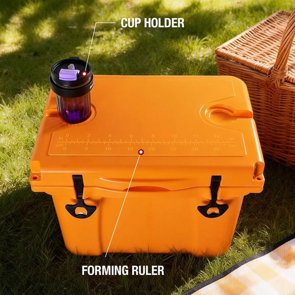 Orange 25QT Portable Cooler, Insulated Hard Cooler with Bottle Opener, Cup Holder, Forming Ruler, Travel, Beach, Camping, Fishing