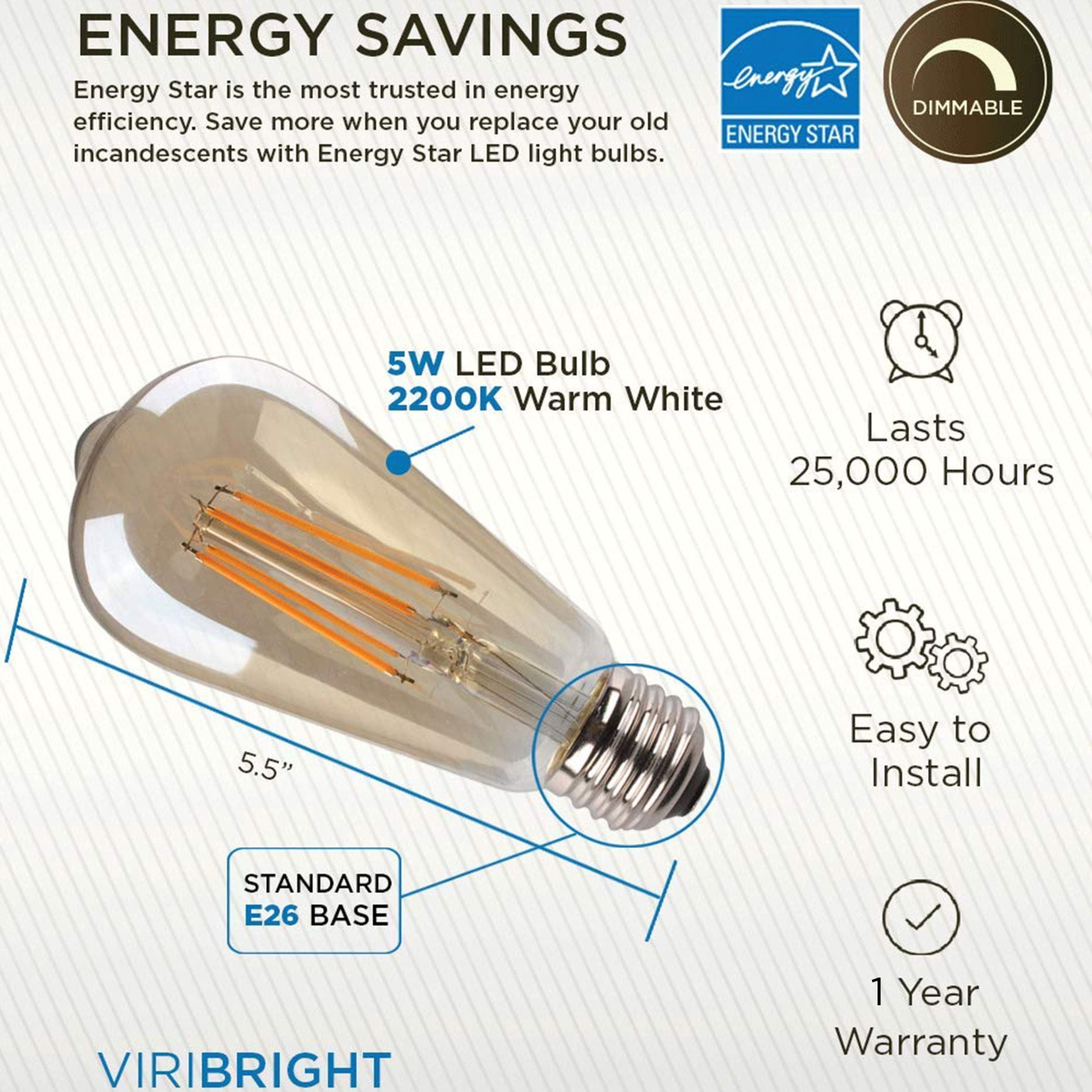 Viribright® ST19 LED Bulb, Filament, Energy Star, Amber 2200K (12-Pack)