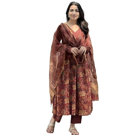 KLOSIA Women Viscose Printed Anarkali Kurta And Pant With Dupatta Set - Indian Ethnic Traditional Wear Anarkali Kurta Set