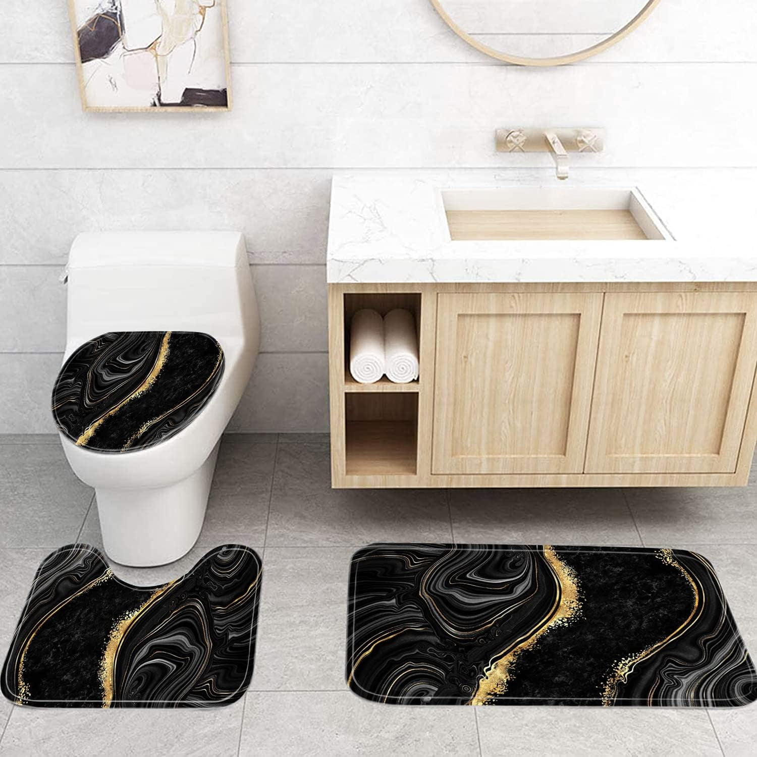 4 Pcs Black Marble Shower Curtain Sets with Rugs Gold Bathroom Sets with Shower Curtain and Rugs Modern Abstract Bathroom Decor Accessories Shower Curtains for Bathroom Toilet Lid Cover