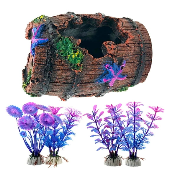 WORKKNOT Fish Tank Decoration, Betta Fish Tank Decorations Accessories ornaments for Aquarium Tank, Starfish Barrel x 1pc, Aquatic Plants x 4pcs