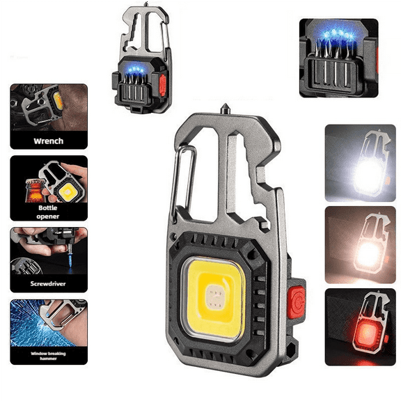 M Right 2 Pack Keychain Flashlight 7-Mode COB LED , 500 Lumens, Rechargeable Work Light with Screwdriver, Wrench, Bottle Opener
