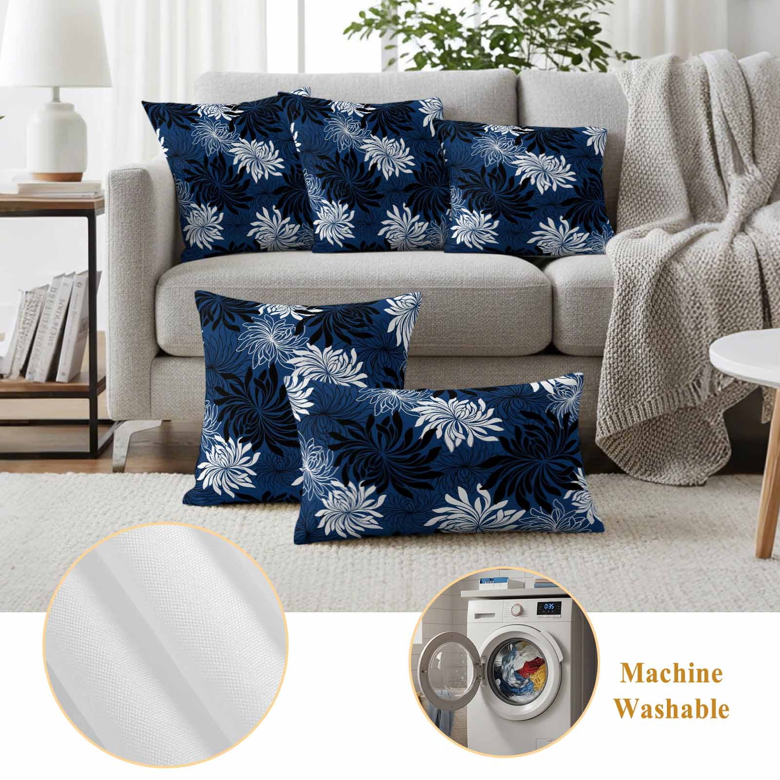 Blue Black Flowers Outdoor Waterproof Throw Pillow Covers 20x20 Set of 2, Modern Abstract Blooms Floral Decorative Pillowcases Cushion Pillowcase for Couch Sofa Patio Outside Pillow Protector