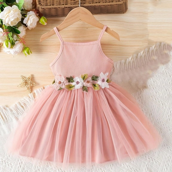 Pejock Toddler Girls Floral Dress - Sleeveless Mesh Suspender Jumper, Summer Casual Round Neck Outfit, Adjustable Straps for Ages 1-6 Years, Lightweight Polyester Play Dress