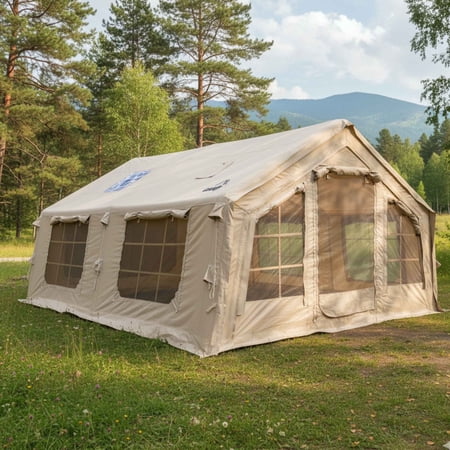 Coody | Rbm Outdoors 17.2 (Begie Large) Inflatable Tents for Camping with Stove Jack 2-10 Person Luxury Canvas Blow Up Tent 2 Room Easy Setup Large Inflatable House with Pump