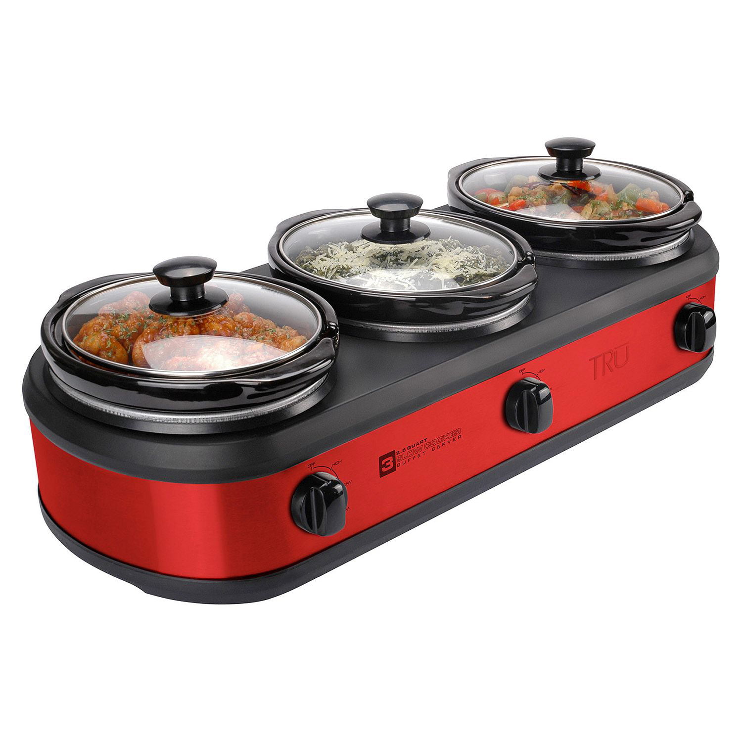 Red TRU Triple Slow Cooker Crock Pot Buffet Server Set 3 x 2.5 Qt Oval Inserts 