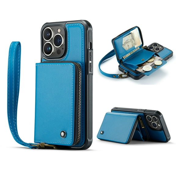 TECH CIRCLE PU Leather Wallet Case for iPhone 12/12 Pro 6.1 inch,Luxury Stylish Zipper Card Pocket Slots Kickstand Soft TPU Shockproof Back Cover with Wrist Strap.For iPhone 12 Pro / 12 6.1",Blue