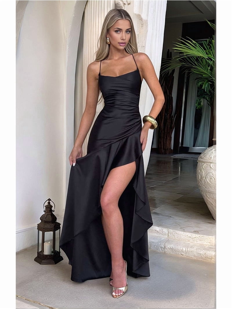 Women'S V-Neck Sleeveless Satin Ruffle Hem Tight Long Casual Open Back High Slit Cocktail Dress Black S - Walmart.com Women'S V-Neck Sleeveless Satin Ruffle Hem Tight Long Casual Open Back High Slit Cocktail Dress Black S - Walmart.com