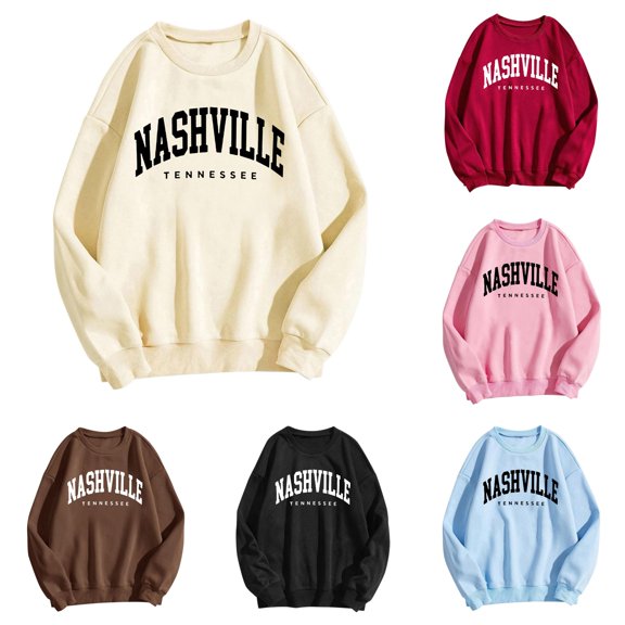Trendfront Womens Nashville Graphic Sweatshirts Crewneck Long Sleeve Tennessee Letter Print Relaxed Fit Casual City Pullover Tops