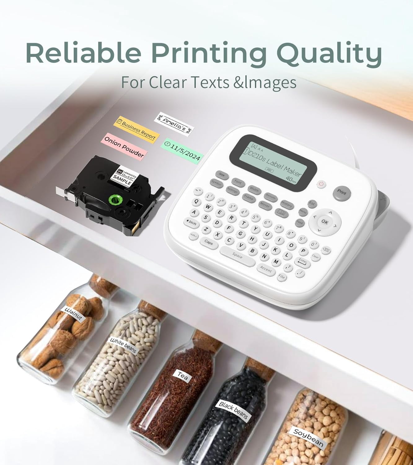 Label Maker Waterproof Labels, Labeler Machine with Tape, 16+ Bolder/Handwritten Fonts & Intuitive Shortcut Keys, 12mm Removable Freezer Food Labels for Jars/Containers/Bottle
