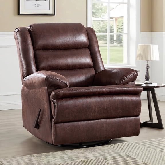 Bonzy Home Swivel Rocker Recliner, Manual Recliner Chair, Breathable Faux Leather Reclining Chairs with Overstuffed Arm and Back, Living Room Single Sofa Recliner, Brown