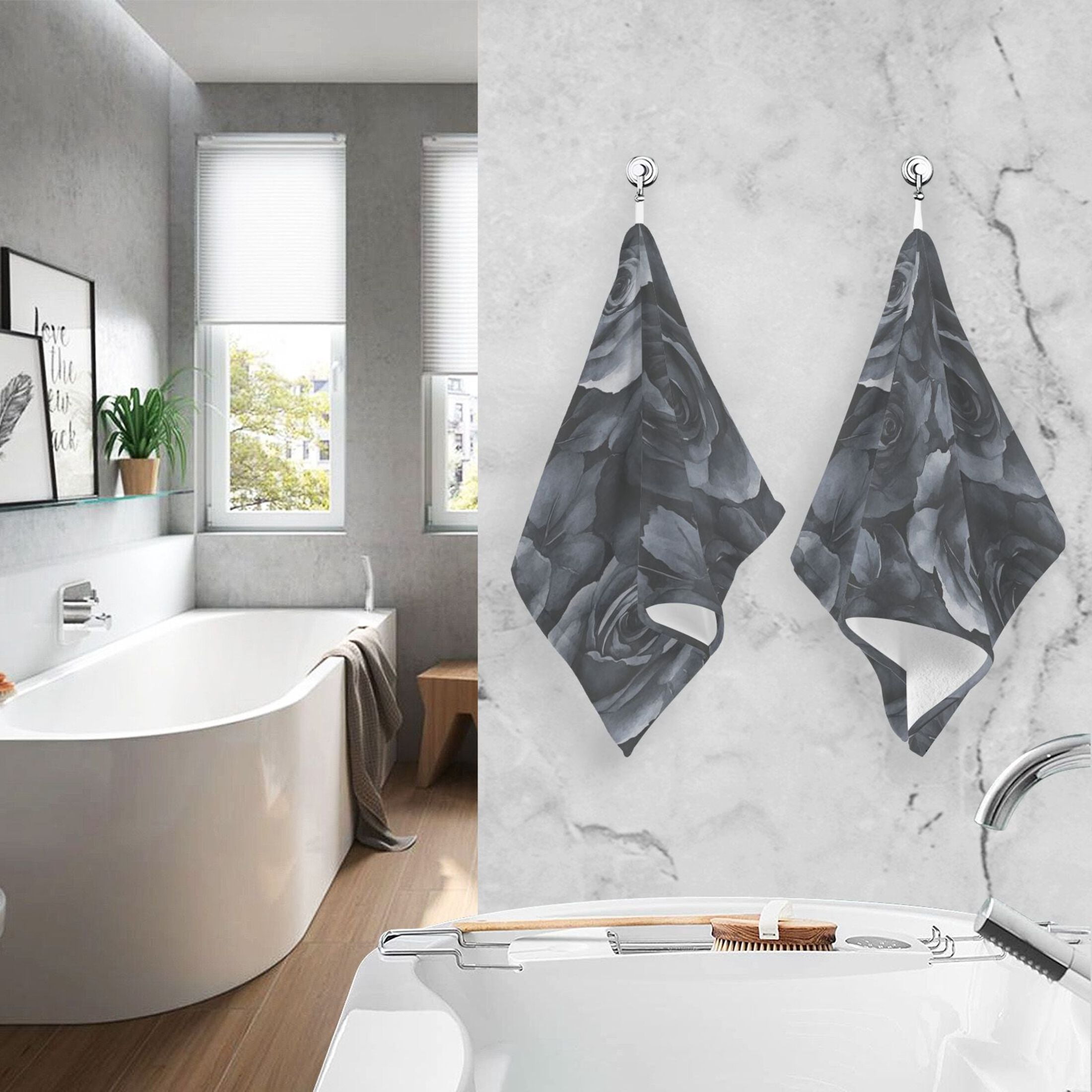 Cotton Towel Two-Piece 16x28 Inch One Sizex2 Face Towel Set Towel Set Cotton Hand Bath Towel Bathroom Beach Black Flowers