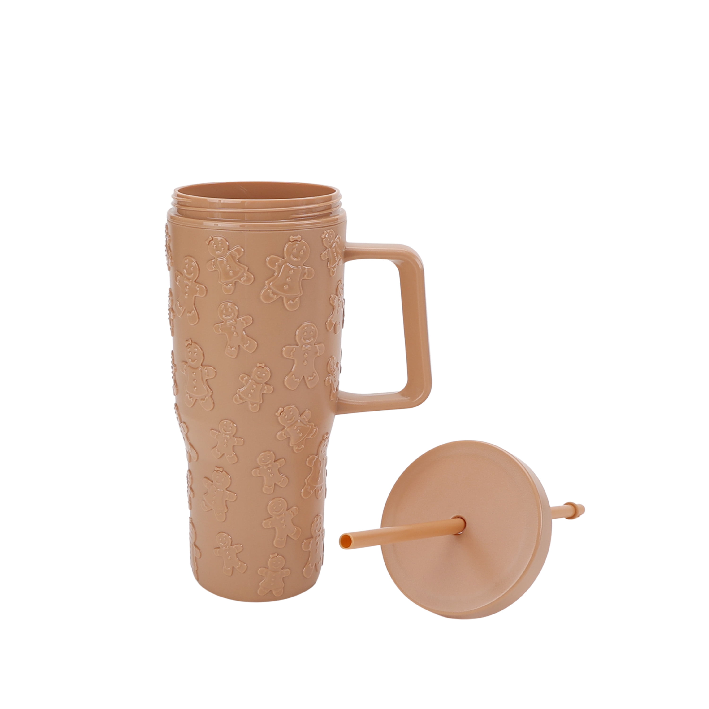 30 Ounce Tan Acrylic Double Wall Embossed Gingerbread Tumbler with Straw and Handle, by Holiday Time
