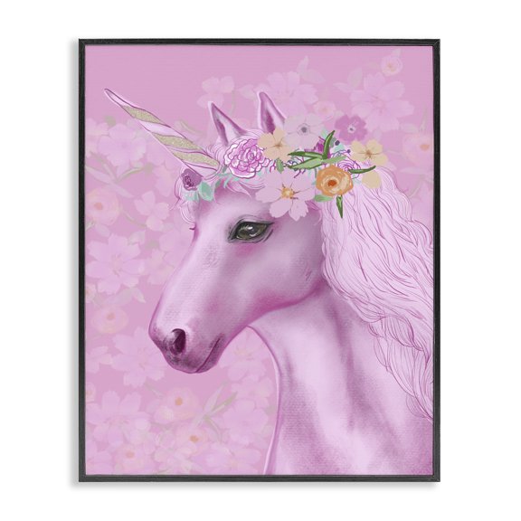 Stupell Industries Eclectic Floral Pattern Pink Unicorn Adorable Mythical Creature Black Framed Giclee Art, 11 x 14, by JunCo. Studio