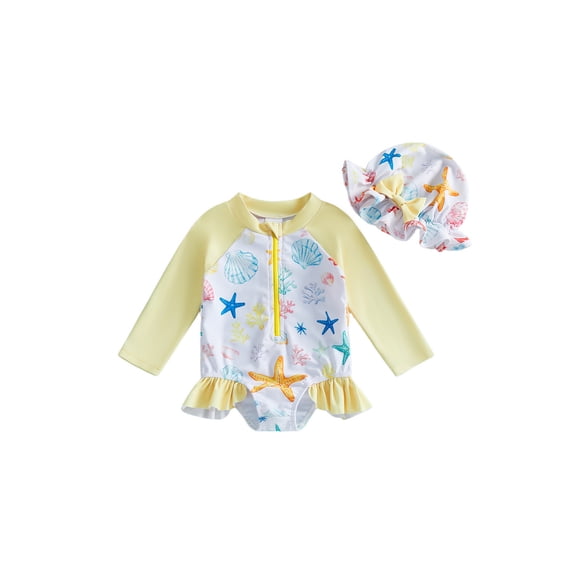 BemeyourBBs Toddler Baby Girl One Piece Swimsuit with Sun Hat Infant Girls Bathing Suit Long Sleeve Rash Guard Seashell Starfish/Fruit Print Zipper Swimwear and Sun Cap Summer Pool Beachwear