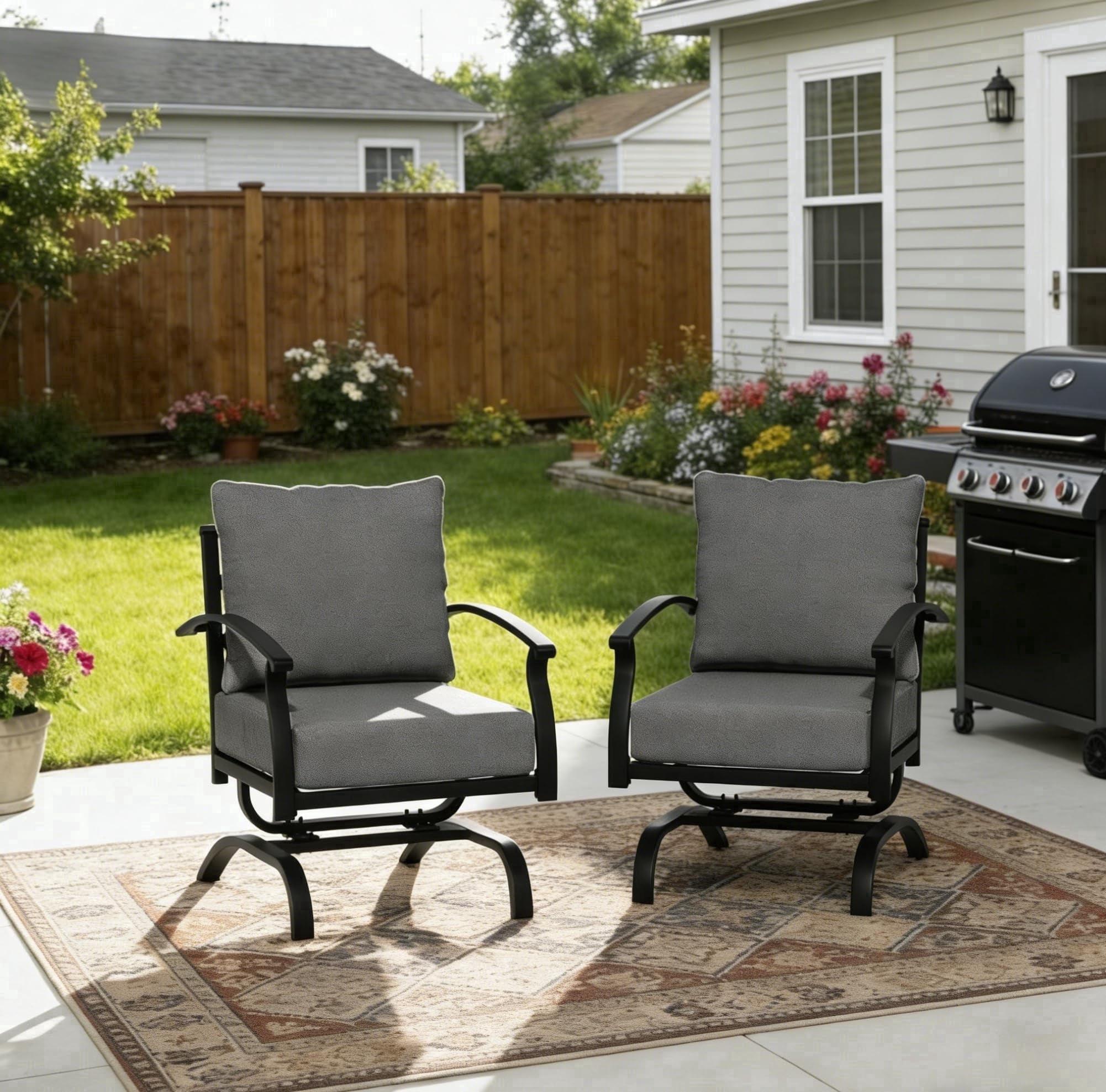 Gotland 2 Pieces Patio Furniture Set, Outdoor Metal Rocking Chair, Patio Bistro Set Rocker with Thickened Cushions for Porch Garden Deck, Grey