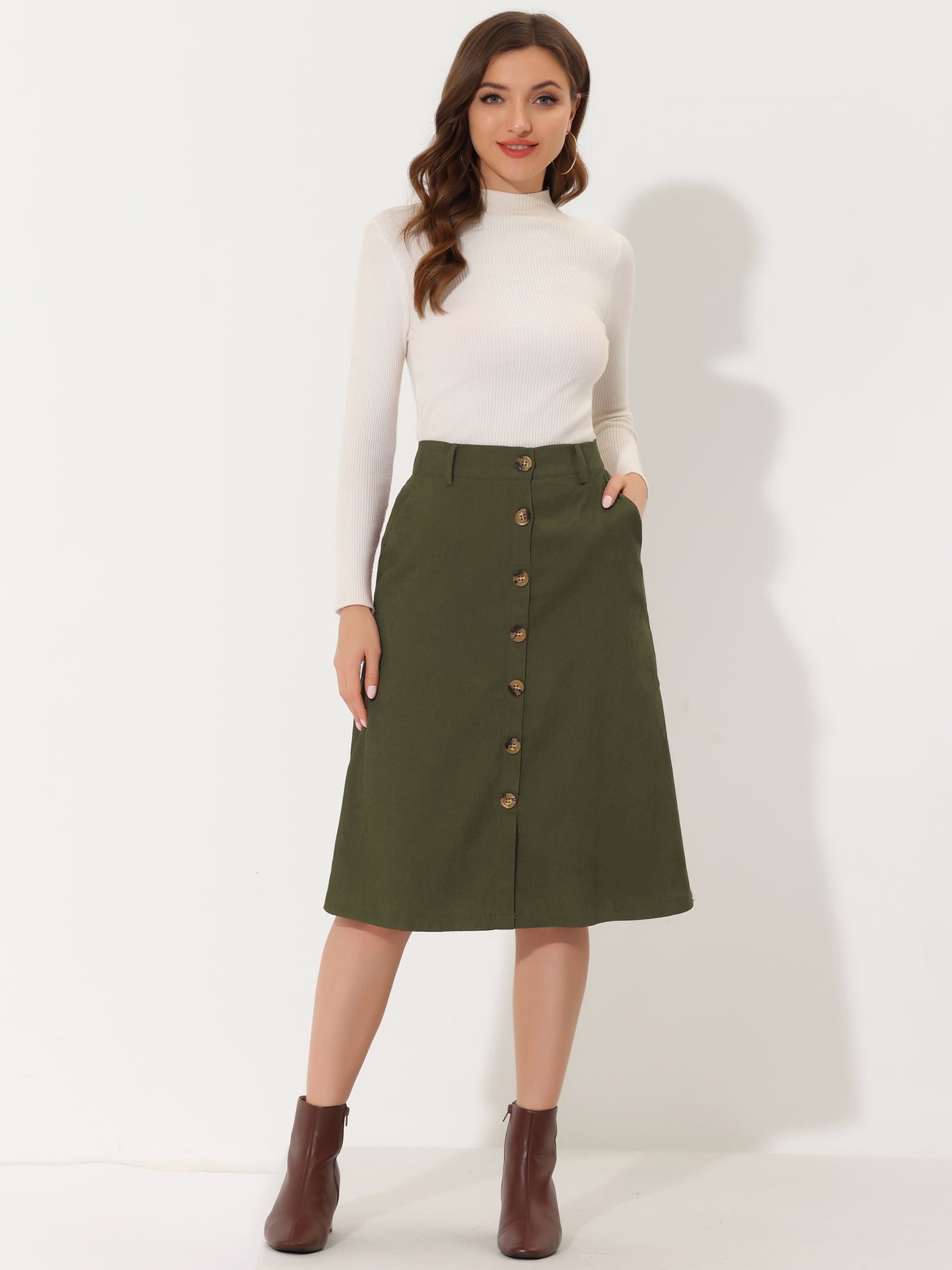 DARING DIVA Women's A-Line Button Front Belted Midi Skirts XL Green