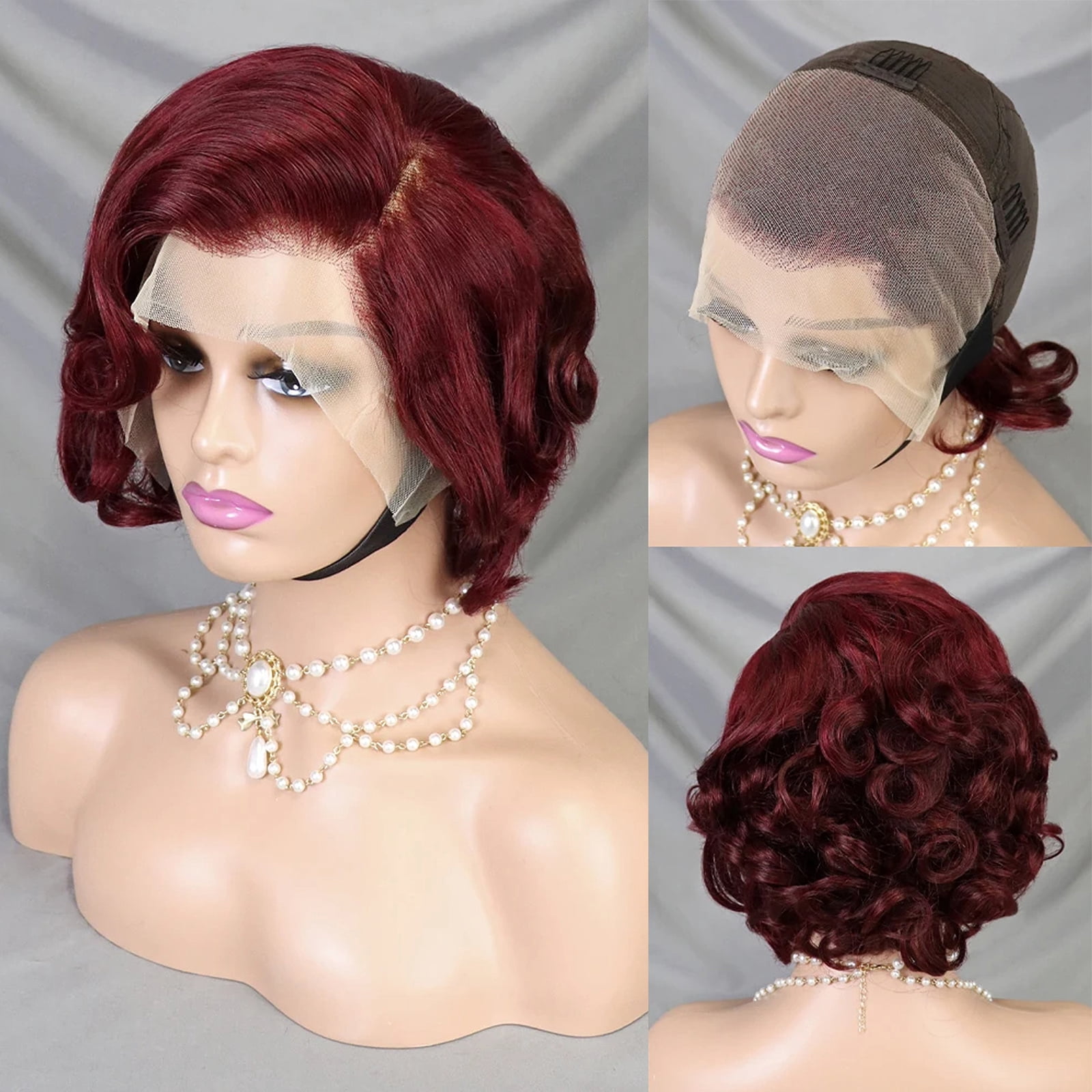 99J Color Loose Wave Pixie Cut Wig Red Short Bob Human Hair 13x4 Lace Frontal Wigs Transparent Lace Human Hair for Black Women Lace Front Human Hair Wig