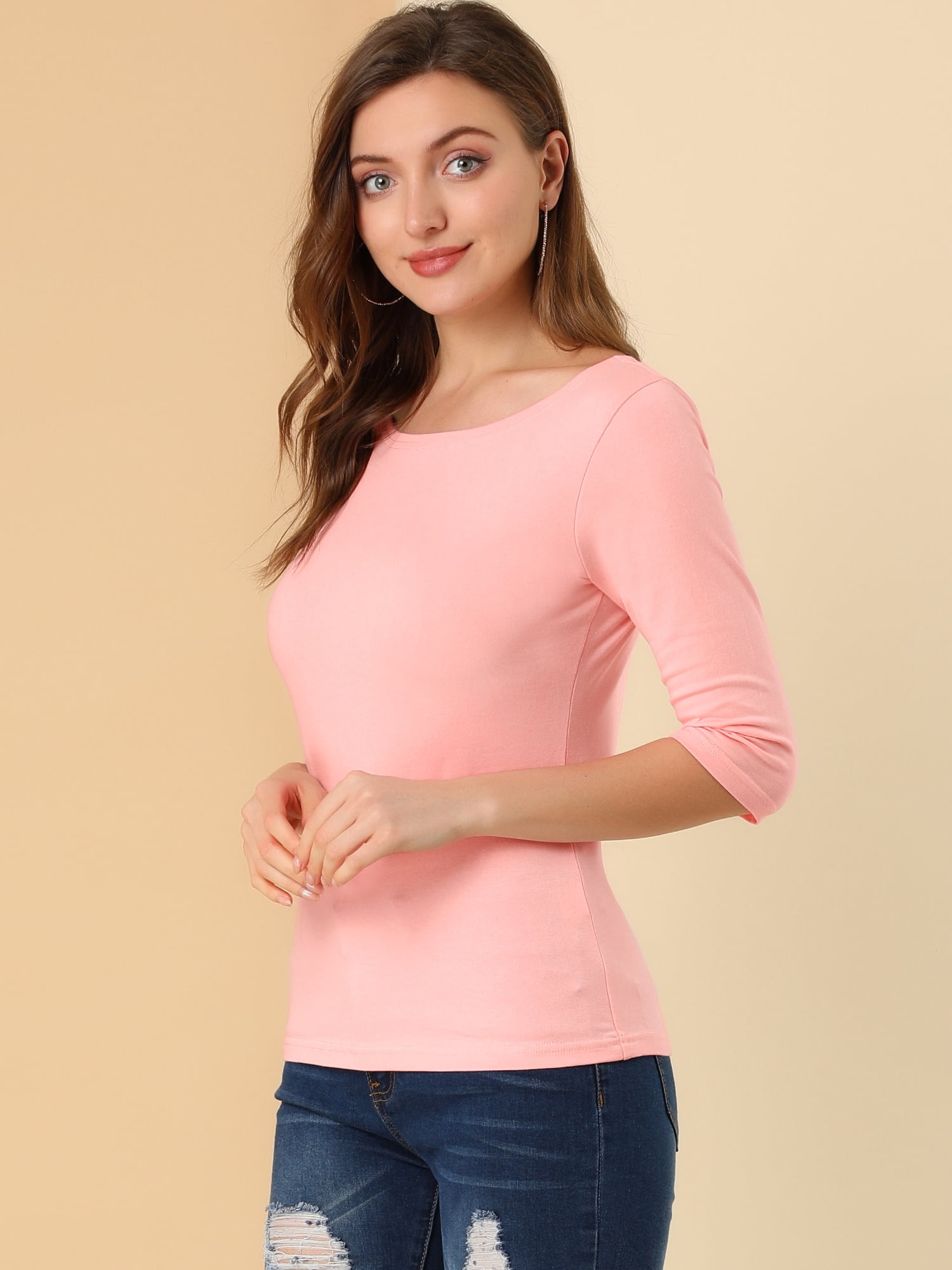 DARING DIVA Women's Elbow Sleeves Boat Neck Slim Fit Classic Tee M Pink
