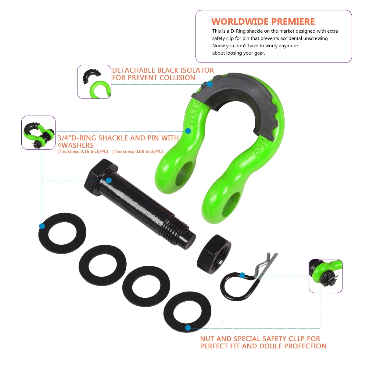 AMBULL Shackles 3/4" D Ring Shackle (2 Pack) 45,000lb Break Strength with 7/8" Pin, Anti Theft Security Screws, Isolator & Washer Kits for Use with Tow Strap Winch Truck Vehicle Recovery, Green