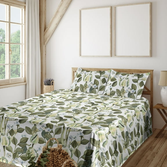 Ambesonne Tulips Art Fitted & Flat Sheet with Shams 4 Pcs Set, Modern Chill Blooming, King, Pistachio Green White