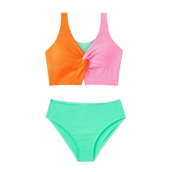 PMVFHDE Swimsuit One Piece Girls Swimsuit Girl's 1 Piece Color Block Swimsuit Cute Cut Out Bathing Suit Swimwear Green,8-9 Years