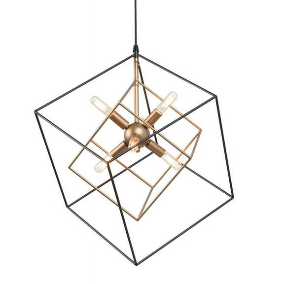 LNC 6-Light Matte Black and Gold Modern Cage LED Chandelier, for Kitchen Island
