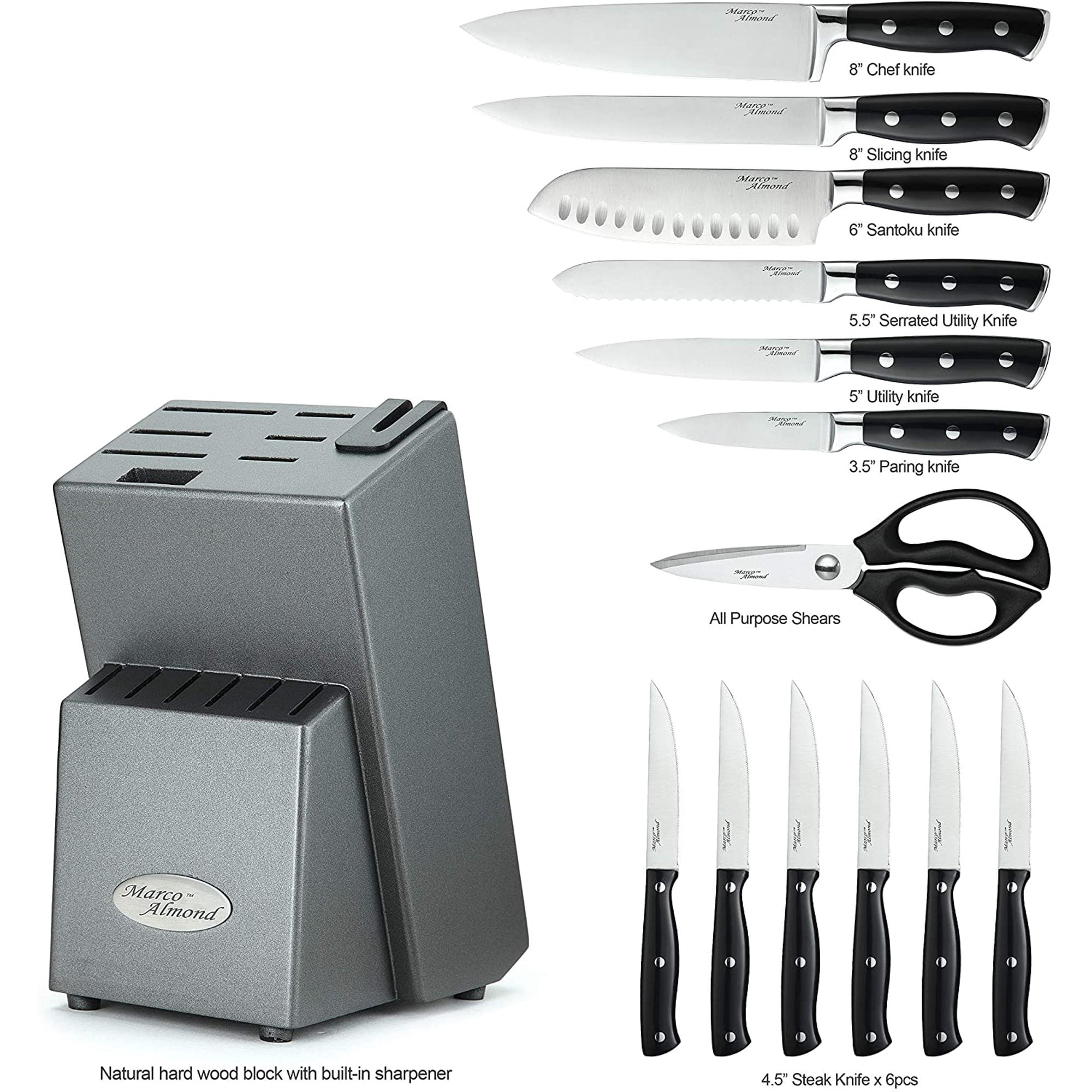 Marco Almond® Kitchen Knife Set MA24, 14 Pieces Stainless Steel Knife Block  Set, Chef Teal Knives Sets for Kitchen with White Block
