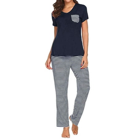 

ZXZY Women Stripe Pocket Patchwork Solid Color Tee Striped Long Pants Loungewear Pajama Set