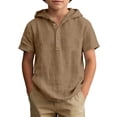 thumbnail image 3 of Lumosvexa Boys Hooded Linen Shirt Short Sleeve Lightweight Breathable Summer Vacation Button Up Shirt Khaki 5, 3 of 10