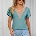 thumbnail image 5 of JWZUY Womens Crochet Lace V Neck Tops Solid Tunic Petal Sleeve Tees Shirts Blouse Short Sleeve Chiffon Elegant Tshirt Summer 2023 Green XL, 5 of 9