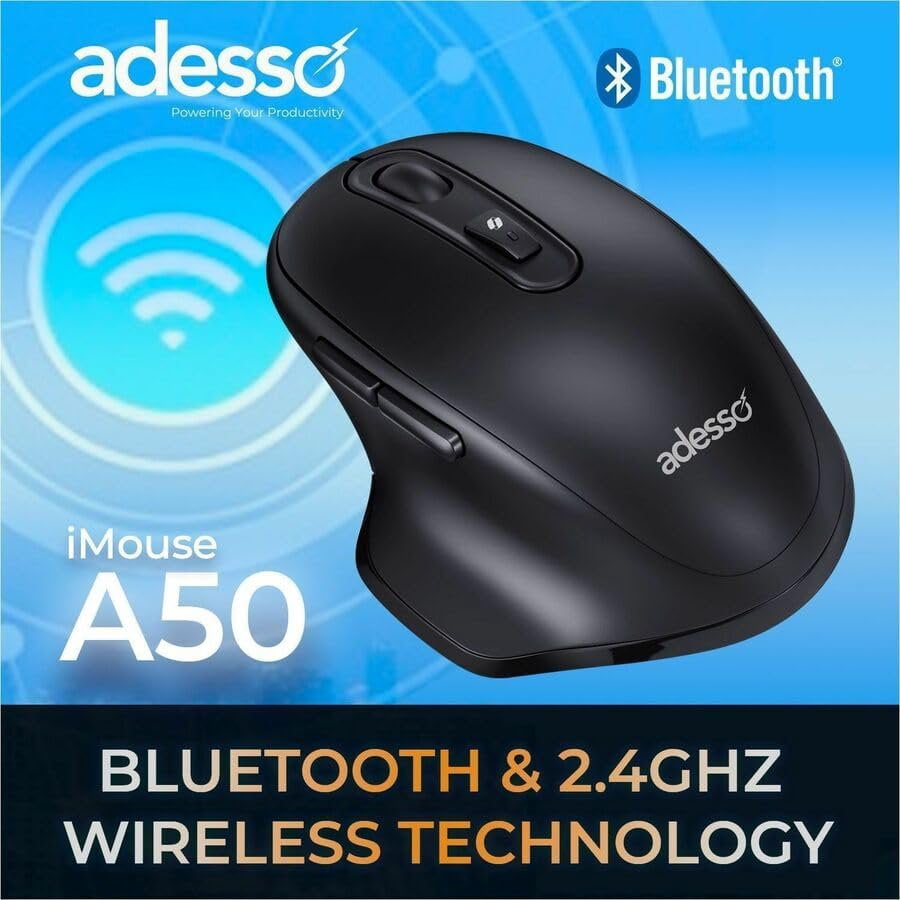 Adesso iMouse A50 Ergonomic Wireless Mouse, Bluetooth and 2.4GHz Dual Mode with USB-C Receiver, CoPilot AI Hotkey, Adjustable DPI, Right Hand Design