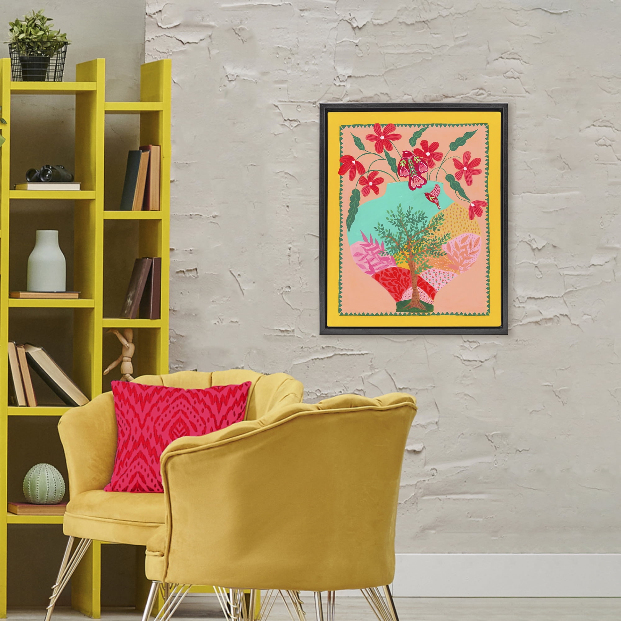 Folk Patterned Hope Vase Black Framed Floater Canvas Wall Art, design by Nabeela Rumi