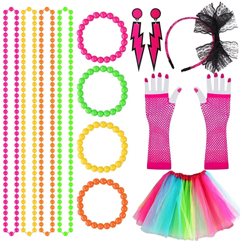 Retro 80s Neon Costume Set Outfit Accessories for Women Including Mesh  Skirt Long Gloves Necklace Earring Bracelets Headband 