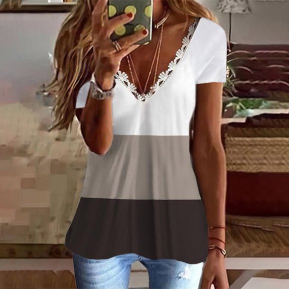 Idoravan Womens Plus Tops Clearance Women Casual Slimming Draw Back Printed Short Sleeves V-Neck Lace Blouse Tops