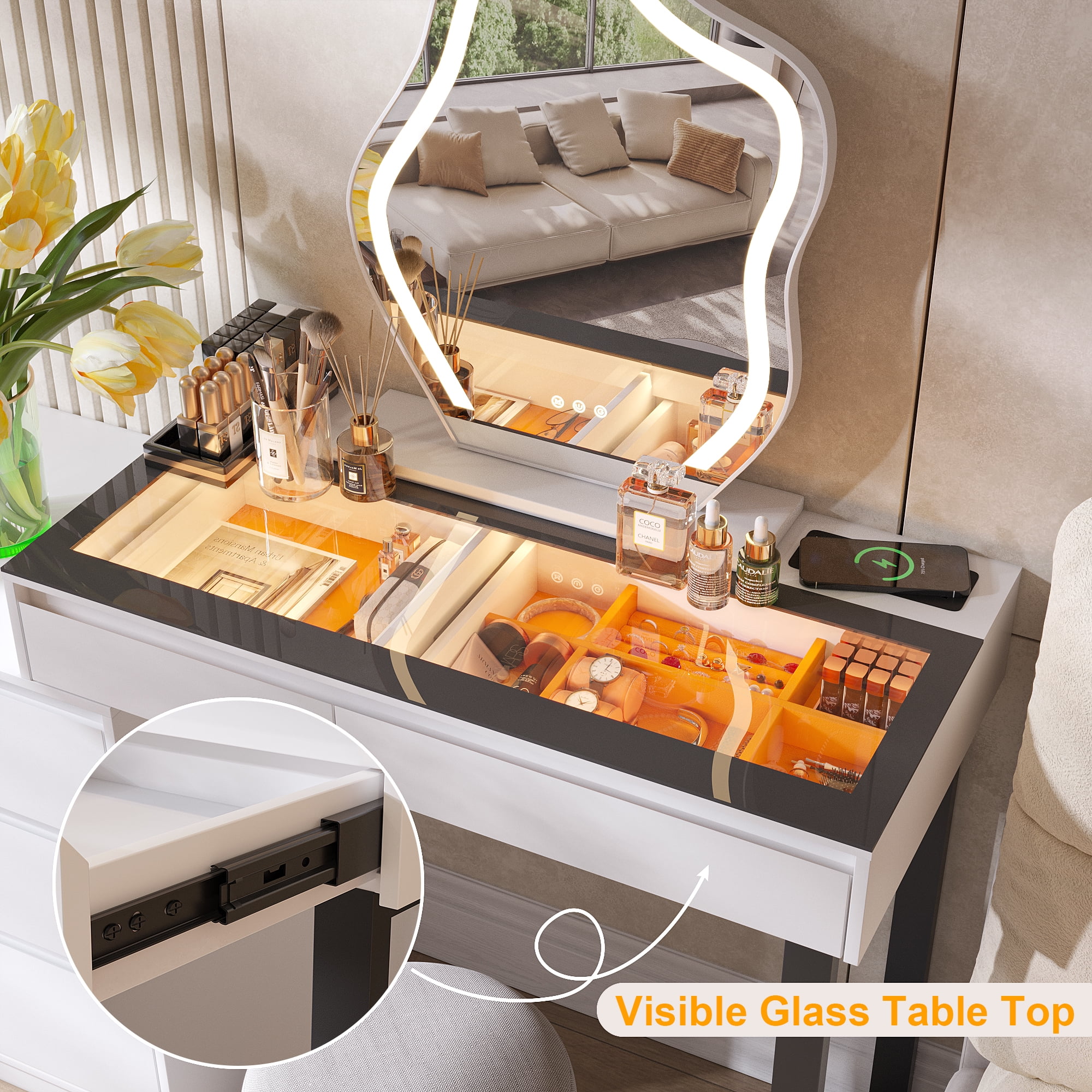 BROTTAR Corner Vanity Desk with Mirror and Lights, Vanity Dresser