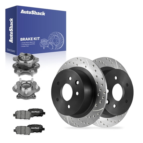 AutoShack Rear Solid Drilled & Slotted E-Coated Brake Rotors   Ceramic Pads   Hub Bearing Assembly 8-PC Brake Kit Replacement for 2004-2008 Nissan Maxima ShadowGuard 11.48" (291.6 mm)