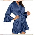 thumbnail image 1 of Women Satin Robe Ruffle Hem Kimono Short Robes V-Neck Pure Color Bridesmaid Wedding Party Bathrobe Dressing Gown, 1 of 9