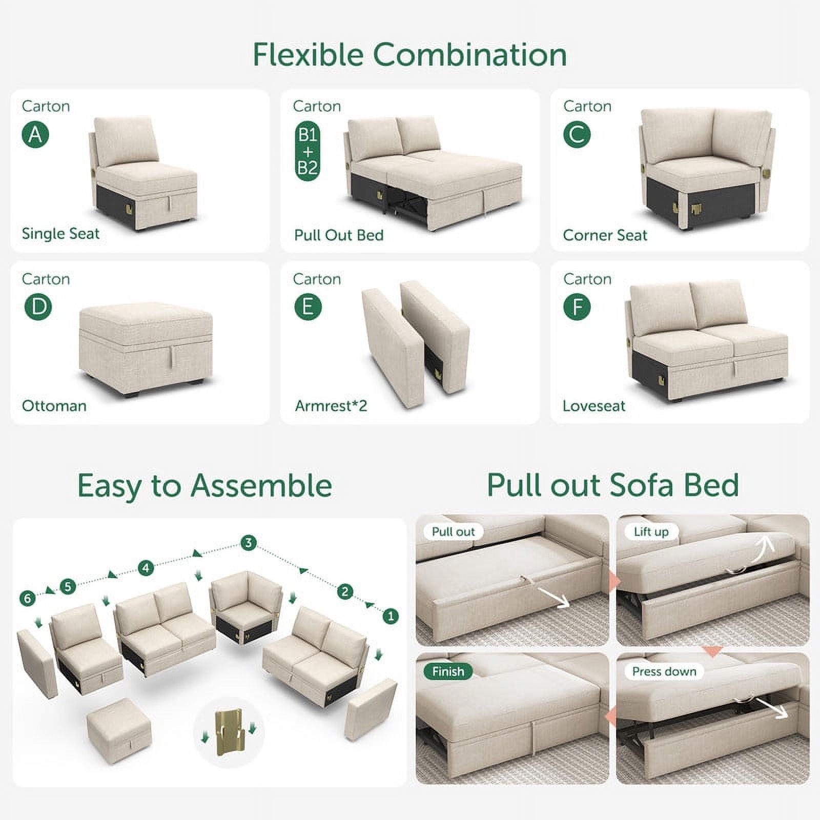 Marrber Convertible Linen Sleeper Sofa Couch Pull Out Sofa with Storage for Living Room Furniture Sets, Beige