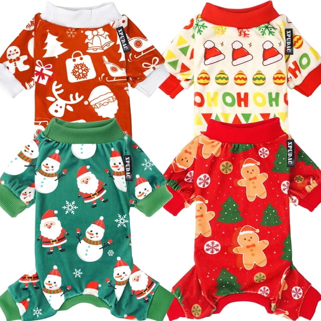 XPUDAC Pijamas para perros pequeños de 4 piezas, ropa de pijamas para cachorros, trajes para perritos, camisas de Navidad, durmientes para mascotas, gatos, Jammies-L