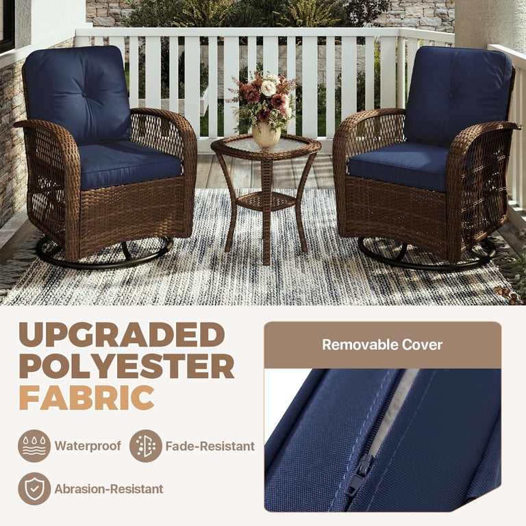 BaPiPro Navy Blue Swivel Rocker Wicker Conversation Set, 3-Piece photo 6
