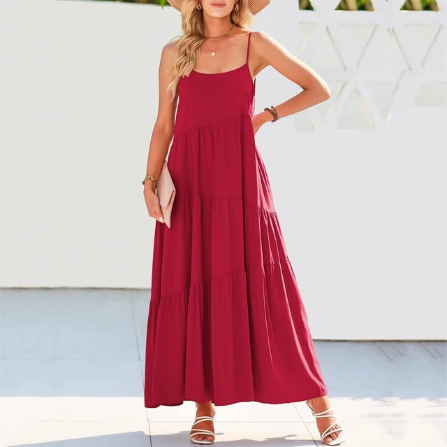 Lenago Robes de Printemps Grande Taille pour Femmes 2023 Robe d'Été Décontractée Ample à Bretelles Longue Maxi Robes de Plage d'Été pour Femmes en Liquidation