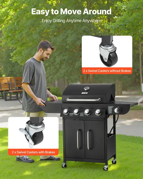 4 Burner Propane Gas Grill with Side Burner 425 SQ In Grilling Area 52000 BTU Outdoor BBQ Grill Carbon Steel Enamel Grates Two Side Shelves Patio Garden