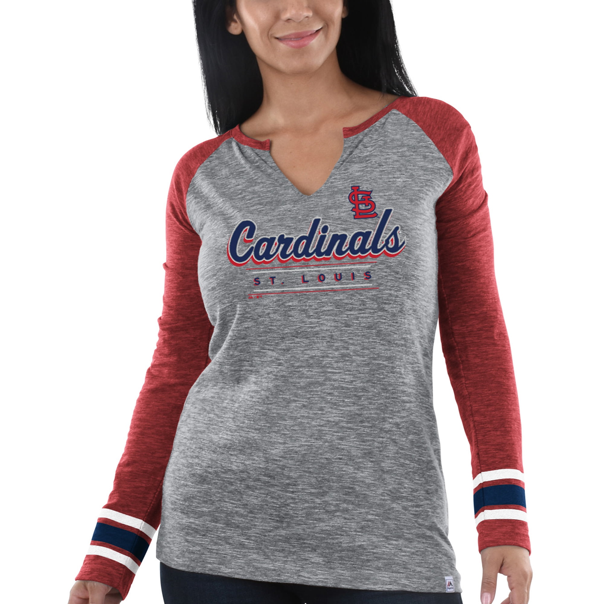 St. Louis Cardinals Majestic Women's Time's Running Out Long Sleeve T-Shirt Heathered Gray Red by MAJESTIC LSG