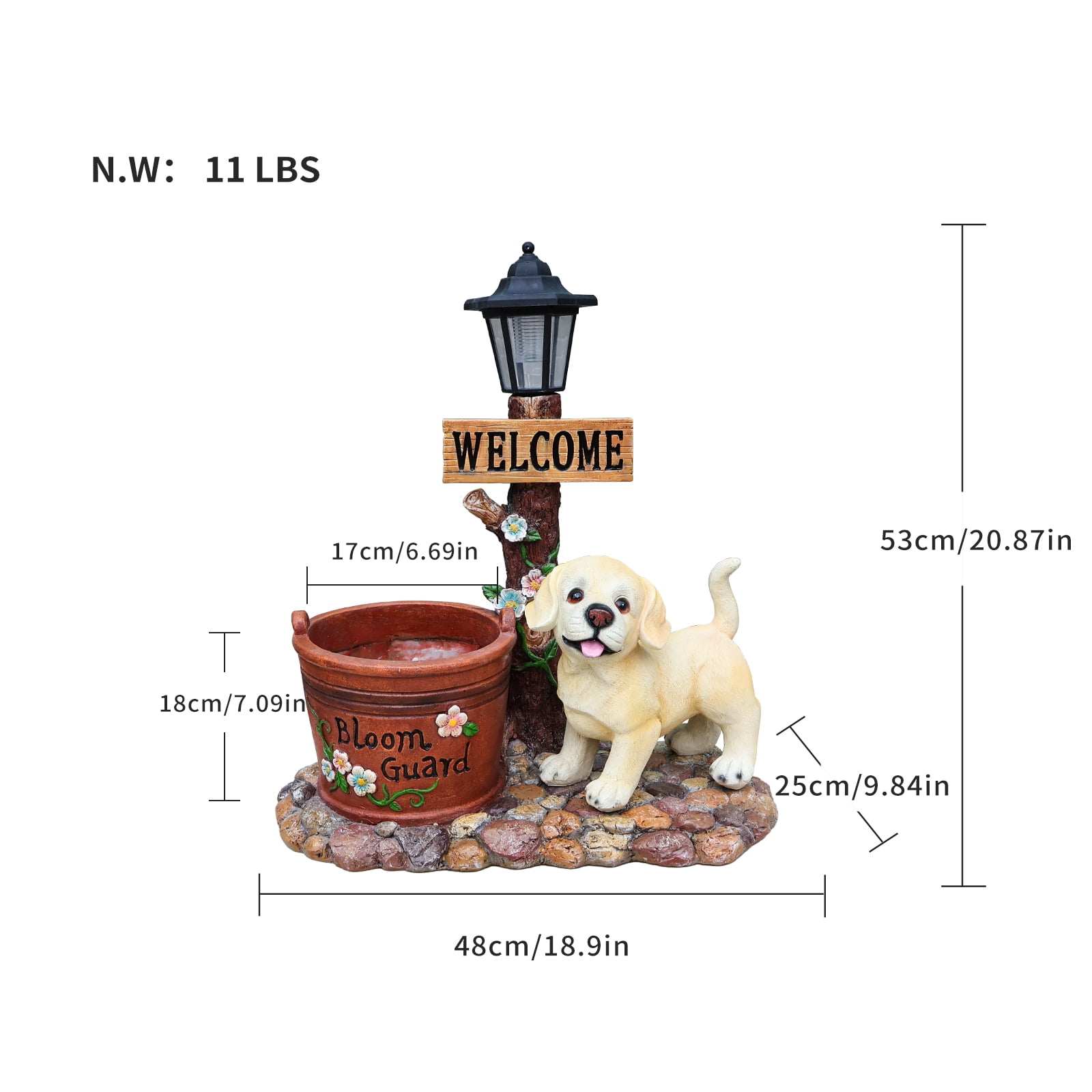 18.9'' Solar Labrador Puppy Solar Planter Garden Statue with LED Light,Outdoor Decorative Animal Figurines,8-10 Hour Working Time,Floral Basket Design,Lawn Yard Decor,Brown