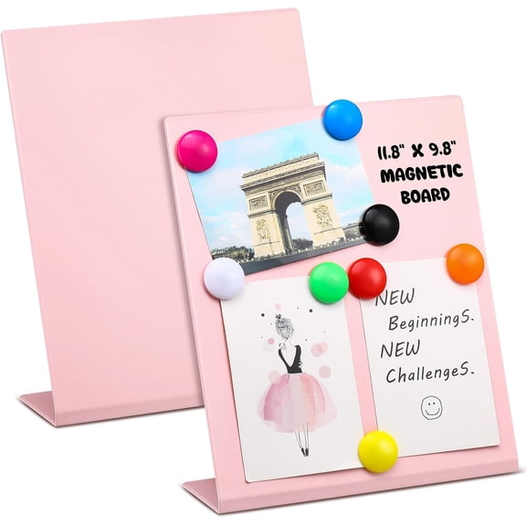 2 Pack Pink Magnetic Bulletin Board Stand 8 Magnets 11.81 x 9.84 x 3.35 Inch Metal Magnet Display Board Tabletop Memo Display Easel Stand Magnetic for Home School Kitchen Office Photos