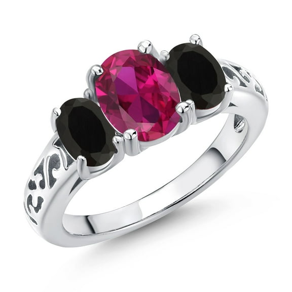 Gem Stone King 925 Sterling Silver Red Created Ruby and Black Onyx Filigree Style 3 Stone Ring for Women (2.15 Cttw, Oval 8X6MM and 6X4MM, Size 6)