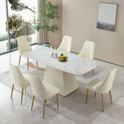 Montary 7 Piece Dining Room Set, Modern Dining Table and Chairs Set, Sintered Stone Dining Table Set for 6, White Marble Dining Table with 6 Chairs for Kitchen, Dining Room