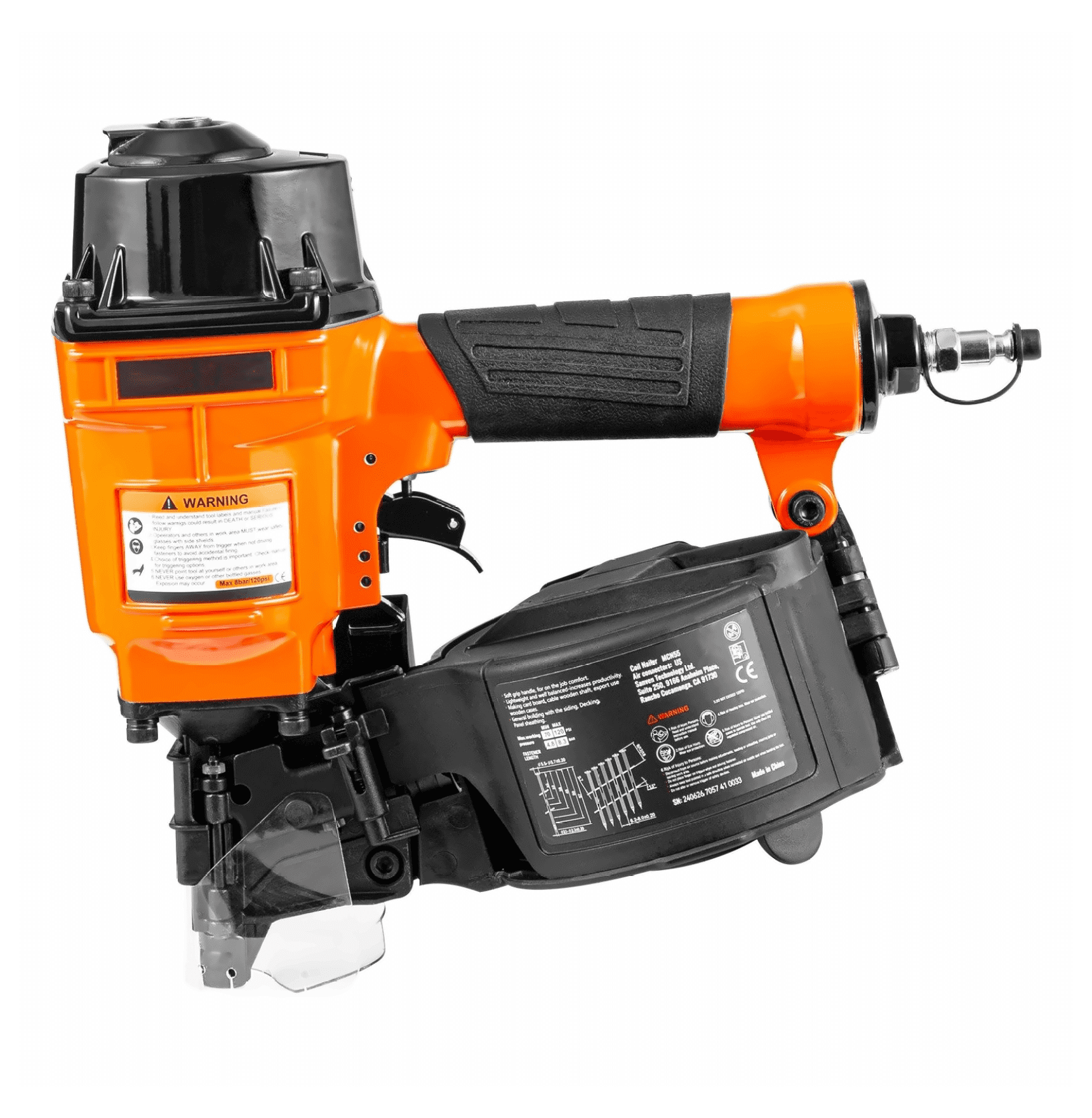 MCN55 Coil Nailer, 15 Degree Pneumatic Siding Nail Gun - 1 to 2-1/4 Inch - Wooden Pallet, Fence & Furniture Assembly - High Capacity 350 Nails